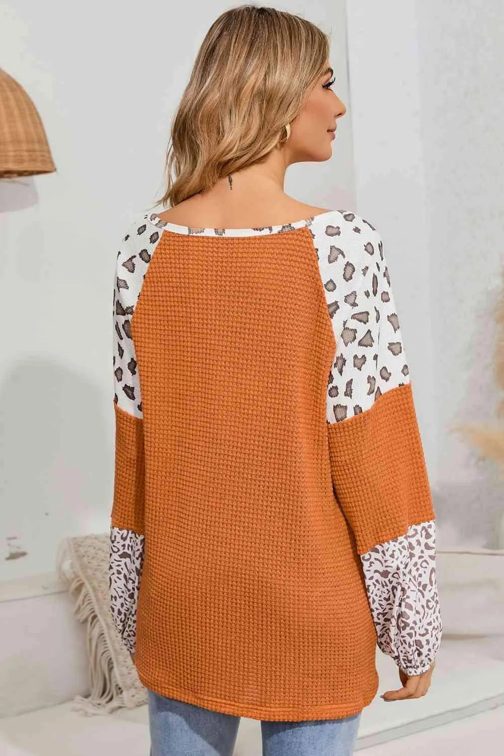 Leopard Waffle-Knit Long Sleeve Blouse Blouses - Tophatter Daily Deals